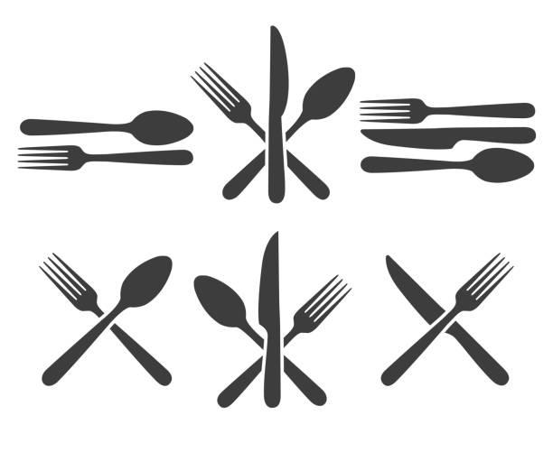 illustrazioni stock, clip art, cartoni animati e icone di tendenza di set di icone posate - table knife silverware black fork