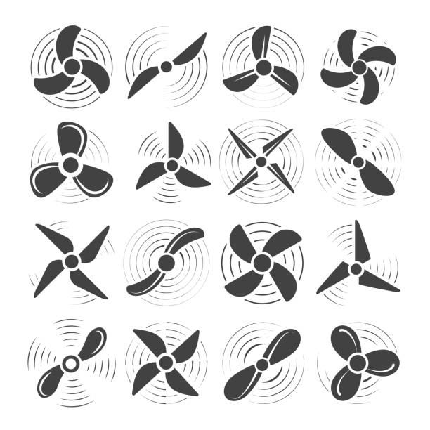 Plane propellers set Plane propellers. Aircraft propeller icons, circle wind fan rotating prop image, vector old airplane airscrew set isolated on white background propeller stock illustrations