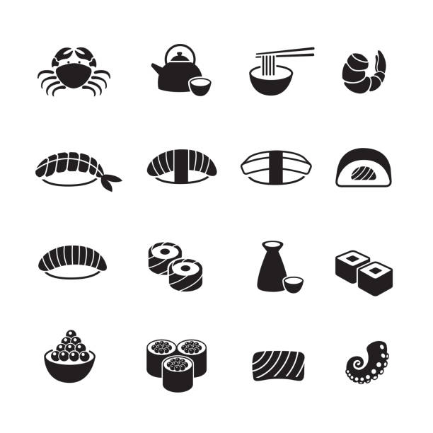 ilustraciones, imágenes clip art, dibujos animados e iconos de stock de conjunto de iconos de comida japonesa - sashimi