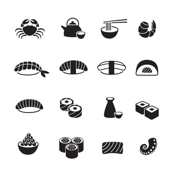 illustrazioni stock, clip art, cartoni animati e icone di tendenza di set di icone del cibo giapponese - sushi