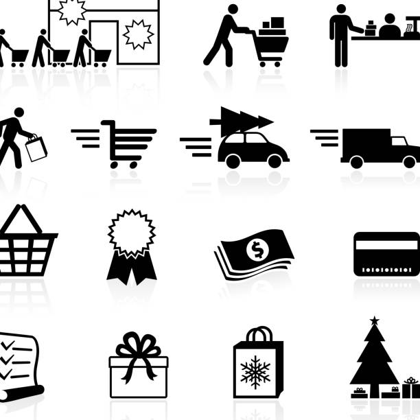 ilustrações de stock, clip art, desenhos animados e ícones de temporada compras de natal preto e branco vector conjunto de ícones - christmas shopping store retail