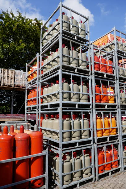 istock Gas cylinders. Storage in lattice boxes, ready for transport 1173233950