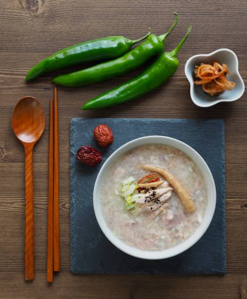 Korean food Chicken Rice Porridge, dak juk stock photo