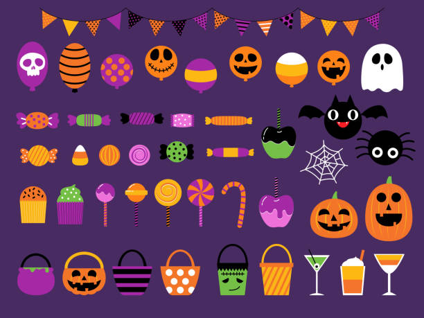 ilustraciones, imágenes clip art, dibujos animados e iconos de stock de feliz halloween dulce juego de fiesta de dulces - candy