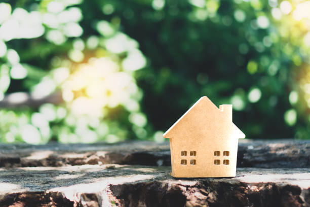 istock Closed up tiny home model on floor or wood board with sunlight green bokeh background. Deam life have own house property for living or investment concept. 1173246669