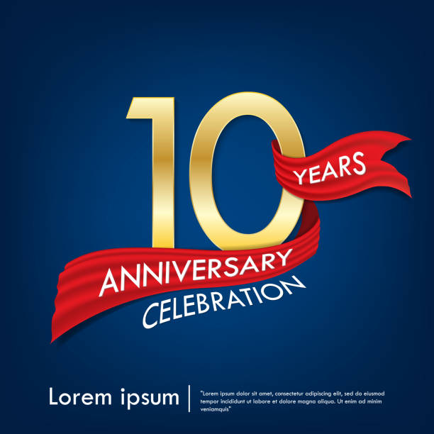 10th years anniversary celebration emblem. anniversary elegance golden logo with red ribbon on dark blue background, vector illustration template design for celebration greeting and invitation card 10th years anniversary celebration emblem. anniversary elegance golden logo with red ribbon on dark blue background, vector illustration template design for celebration greeting and invitation card 10th anniversary stock illustrations