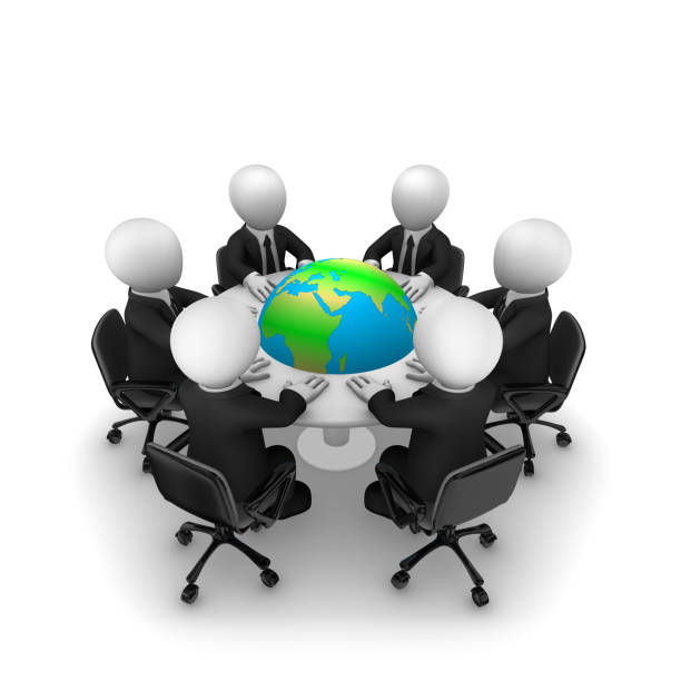 istock 3d business people are sitting around a table and Earth 1173250282