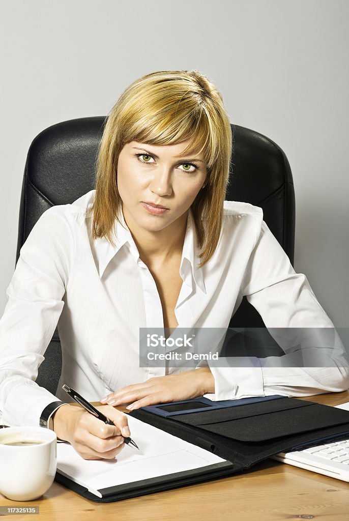 Beautiful Business Lady Writing Young beautiful business lady with a folder writing. Adult Stock Photo