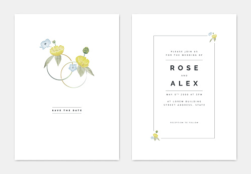 Minimalist botanical wedding invitation card template design, yellow creeping buttercup and blue Nemophila flowers decorated on couple rings, pastel vintage theme