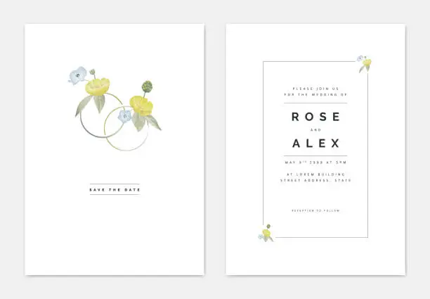 Vector illustration of Minimalist botanical wedding invitation card template design, yellow creeping buttercup and blue Nemophila flowers decorated on couple rings, pastel vintage theme