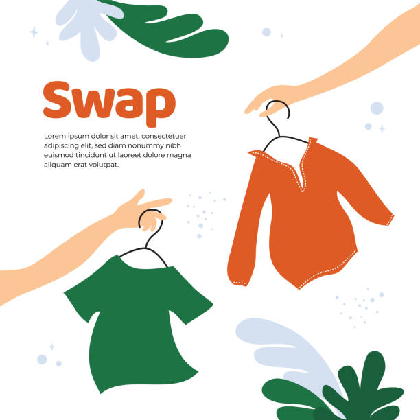 Swap shop or party template Vector illustration for swap shop or party, event of exchange old wardrobe for new. Two hands with clothes hangers. Exchange clothes. Template for banner,poster, layout,flyer, invitation,advert, print bazaar market stock illustrations