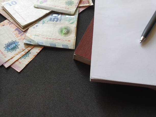 istock Argentine banknotes, stacked books and black pen 1173254655