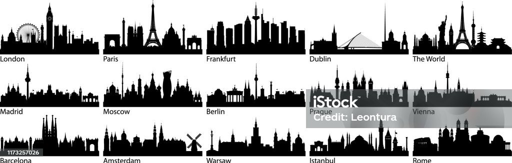 Europäische Städte (Alle Gebäude sind vollständig und beweglich) - Lizenzfrei Stadtsilhouette Vektorgrafik