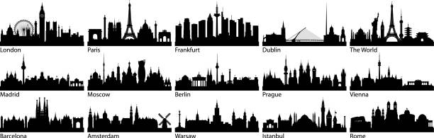 European Cities (All Buildings Are Complete and Moveable) European cities. All buildings are complete and moveable. urban skyline illustrations stock illustrations