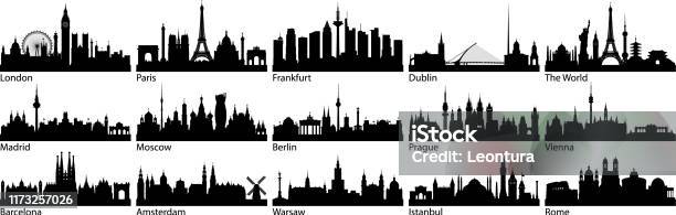 歐洲城市所有建築都是完整和可移動的向量圖形及更多天際圖片 - 天際, 城市, 側影