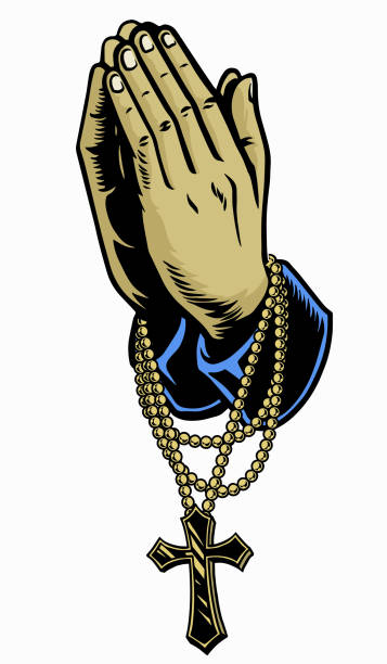 ilustraciones, imágenes clip art, dibujos animados e iconos de stock de mano con rosario rezando cruz - tattoos de rosarios