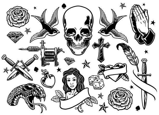 stockillustraties, clipart, cartoons en iconen met set van verschillende tattoo flash - tatoeëren