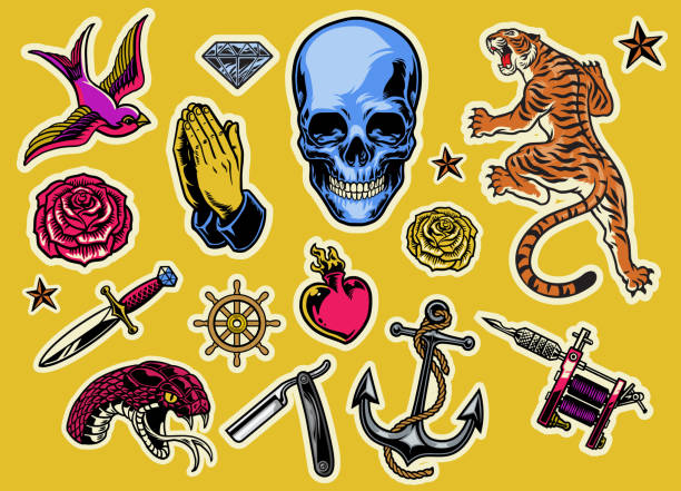 ilustrações, clipart, desenhos animados e ícones de jogo do flash colorido do tatuagem - anchor retro revival tattoo old fashioned