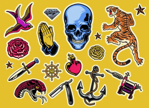 Vector illustration of set of colorful tattoo flash