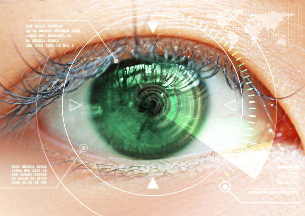 Close-up of woman's brown eye. High Technologies in the future stock photo