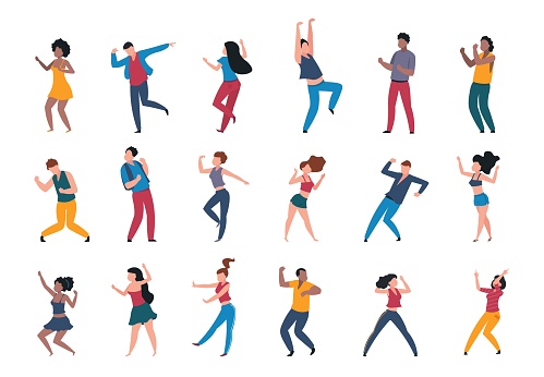 Dancing people. Trendy party cartoon crowd, modern young dancing characters, friends couples and happy persons. Vector illustrations club party dance