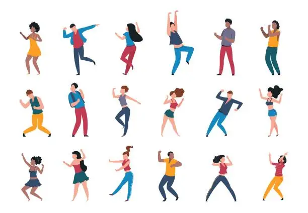 Vector illustration of 1906.m30.i010.n024.P.c25.1056463943 Dancing people. Trendy party cartoon crowd, modern young dancing characters, friends couples and happy persons. Vector club party
