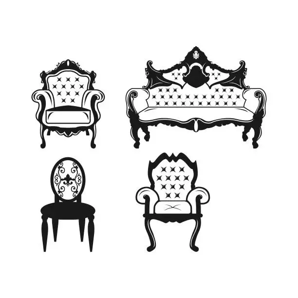 Vector illustration of Vintage sofa vector icon set. Couch furniture filled flat sign