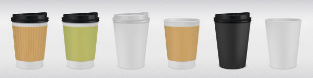 Realistic paper coffee cup. White and brown 3D mug mock up for hot drinks on transparent background. Vector plastic tea cup Realistic paper coffee cup. White and brown 3D mug mock up for hot drinks on transparent background. Vector illustration design black plastic tea cup milk tea logo stock illustrations