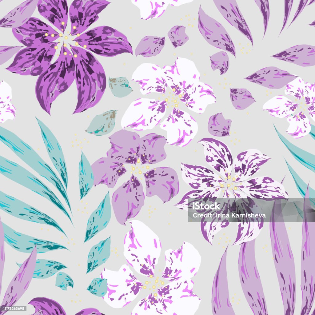 Ilustración de Flores Moradas Y Blancas Con Hojas Sobre Fondo Gris y más Vectores Libres de Derechos de Diseño tropical - iStock Ilustración de Flores Moradas Y Blancas Con Hojas Sobre Fondo Gris y más Vectores Libres de Derechos de Diseño tropical - iStock