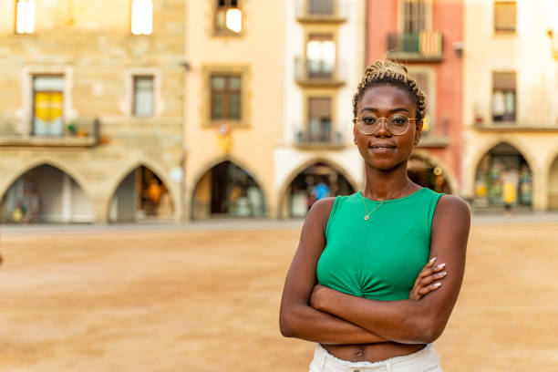 Cool young woman with an attitude in plaça Major in Vic stock photo