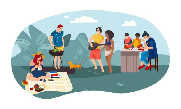 夏の人々バーベキュー漫画の親子は一緒にピクニックパーティーを過ごす時間。ベクトル夏の活動背景 - バーベキュー料理 イラスト点のイラスト素材／クリップアート素材／マンガ素材／アイコン素材
