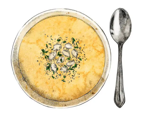 Vector illustration of Squash Soup and Spoon Vector Watercolor and Ink Drawing