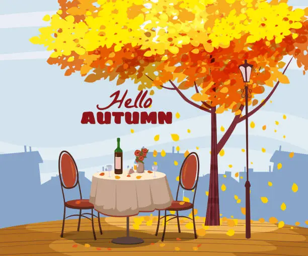 Vector illustration of Hello Autumn cafe table with wine for two persons autumn branches of falling leaves foliage, chairs flowers in park romantic mood. Isolated illustration vector