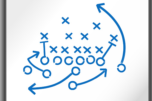 Football Strategy Game plan on whiteboard. This royalty free vector illustrations features a football strategy game plan diagram done in blue marker on a white board. The arrows cross and circle sign represent football offense and defense and a goal of getting a game winning touchdown.