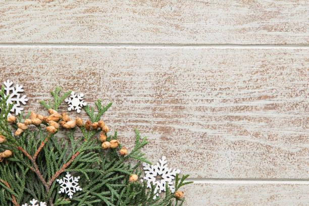 istock Christmas composition with pine cones, fir branches and decorations on wooden beige background. Flat lay, top view 1173269780