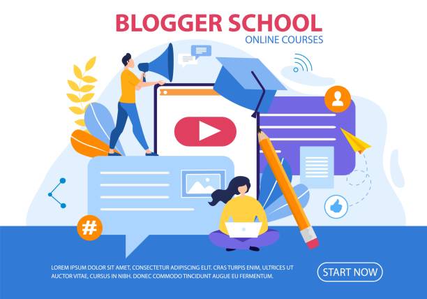 ilustrações de stock, clip art, desenhos animados e ícones de prompt poster blogger school online courses flat. - marketing megaphone child using voice