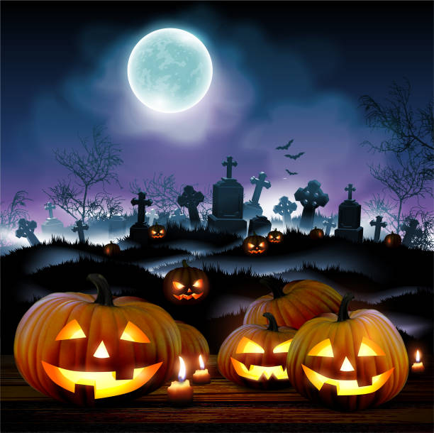 istock Halloween night  background with a cemetery,  pumpkins and  moon. High detailed realistic illustration 1173270721
