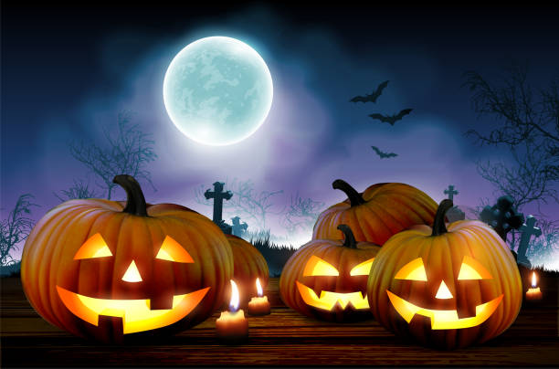 istock Halloween night  background with a cemetery,  pumpkins and  moon. High detailed realistic illustration 1173270760