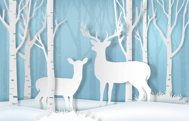 ilustraciones, imágenes clip art, dibujos animados e iconos de stock de ciervos de pie en el bosque. estilo de arte de papel de fondo de la naturaleza - papercraft