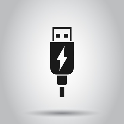 Usb cable icon in flat style. Electric charger vector illustration on isolated background. Battery adapter business concept.