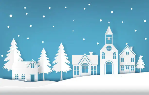 Vector illustration of Winter holiday snow falling in the village Christmas season paper art style illustration.