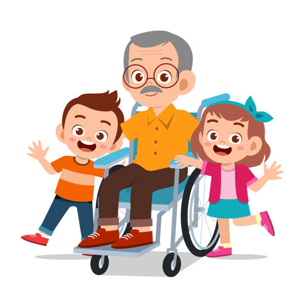 ilustrações de stock, clip art, desenhos animados e ícones de happy kids with grandparent illustration - grandparent grandfather humor grandchild