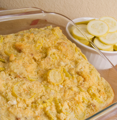 Squash dressing made with yellow squash and cornbread.