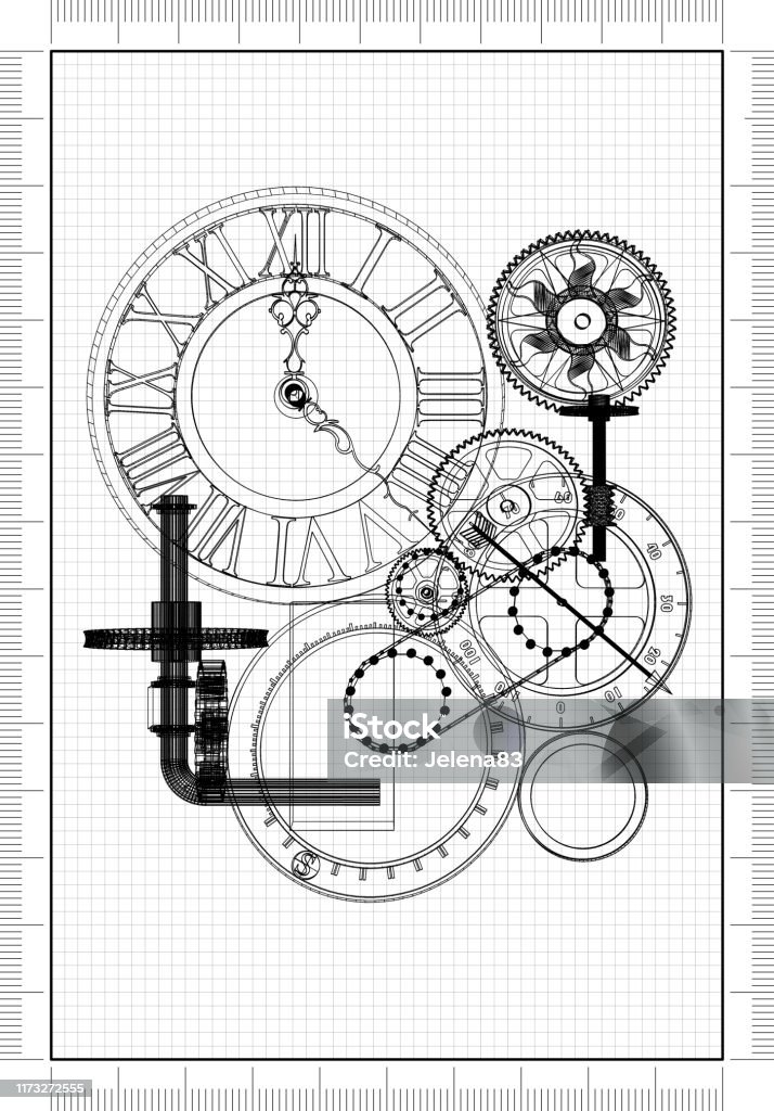 Square Clock Mechanism Router Template Clock Mechanism Blueprint Stock Photo - Download Image Now - Antique ...