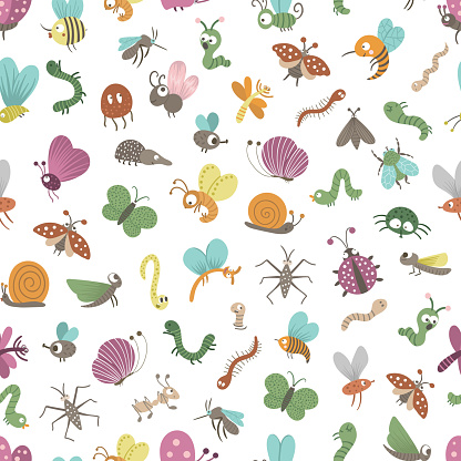 Vector seamless pattern with hand drawn flat funny insects. Cute repeat background with bugs. Sweet creepy-crawly ornament for children’s design, print.