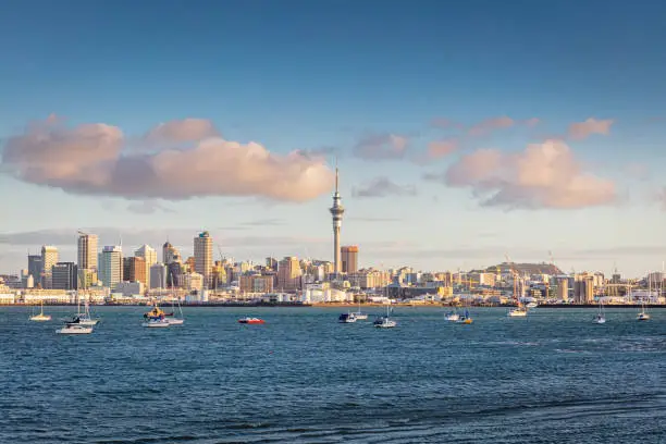 The famous and beautiful urban Cityscape of Auckland in Summer under atmospheric skyscape. Auckland, New Zealand, Oceania.