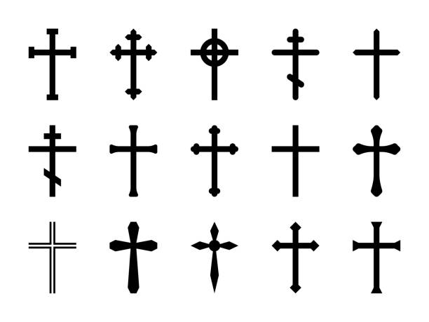 christliche kreuze. katholische, orthodoxe und keltische kreuz kruzifix. glaube und gebet religiöse, kirche zeichen vektor isoliert satz - orthodoxes christentum stock-grafiken, -clipart, -cartoons und -symbole