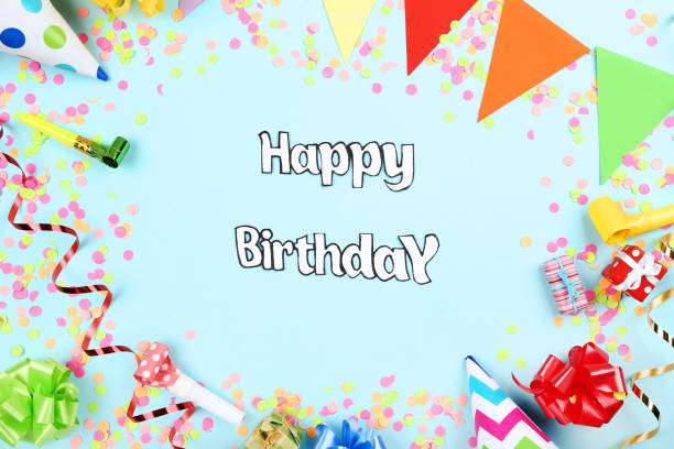 istock Text Happy Birthday with party decorations on blue background 1173276915