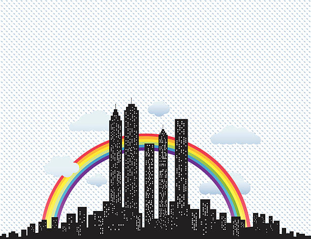 illustrazioni stock, clip art, cartoni animati e icone di tendenza di skyline della città con rainy sky e arcobaleno in autunno, inverno - new york rain