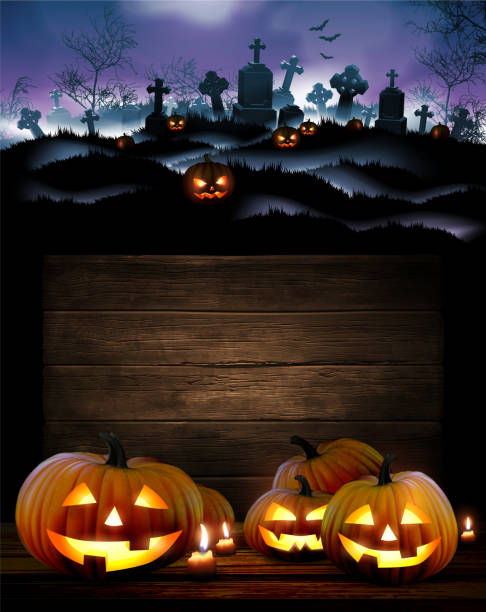 istock Halloween night  background with a cemetery and  pumpkins  Hand drawing cartoon illustration 1173278613